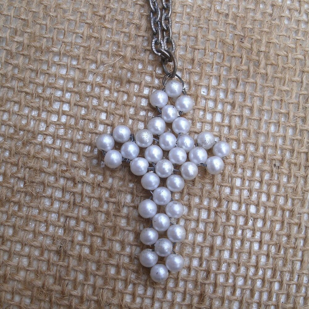 Vintage Handmade Faux Pearl Bead Cross Pendant Necklace